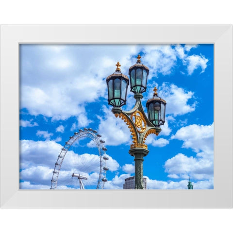 Street lamp with London Eye in background, London, UK White Modern Wood Framed Art Print by Frank, Assaf
