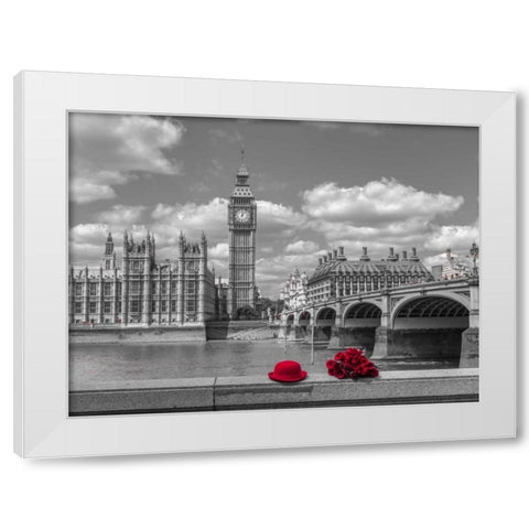 Bunch of Roses and hat on Thames promenade agaisnt Big Ben, London, UK White Modern Wood Framed Art Print by Frank, Assaf