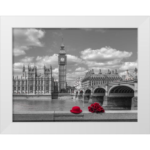 Bunch of Roses and hat on Thames promenade agaisnt Big Ben, London, UK White Modern Wood Framed Art Print by Frank, Assaf