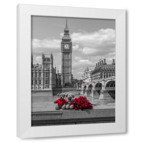 Teddy bear and bunch of Roses on Thames promenade agaisnt Westminster Abby, London, UK White Modern Wood Framed Art Print by Frank, Assaf