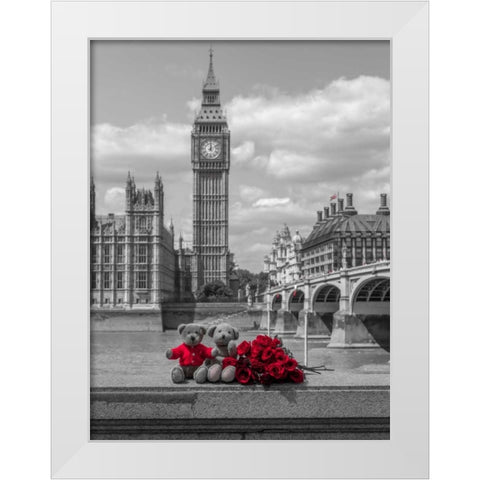 Teddy bear and bunch of Roses on Thames promenade agaisnt Westminster Abby, London, UK White Modern Wood Framed Art Print by Frank, Assaf