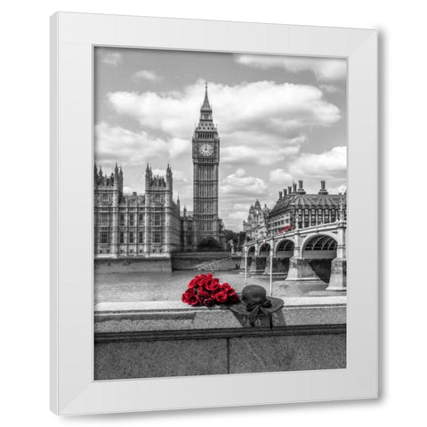 Bunch of Roses and hat on Thames promenade agaisnt Big Ben, London, UK White Modern Wood Framed Art Print by Frank, Assaf