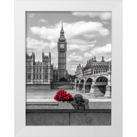 Bunch of Roses and hat on Thames promenade agaisnt Big Ben, London, UK White Modern Wood Framed Art Print by Frank, Assaf