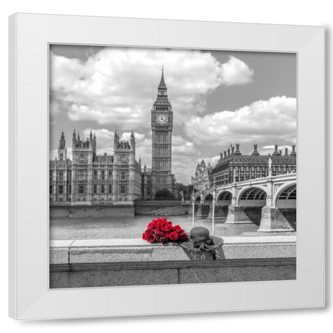 Bunch of Roses and hat on Thames promenade agaisnt Big Ben, London, UK White Modern Wood Framed Art Print by Frank, Assaf