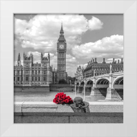 Bunch of Roses and hat on Thames promenade agaisnt Big Ben, London, UK White Modern Wood Framed Art Print by Frank, Assaf