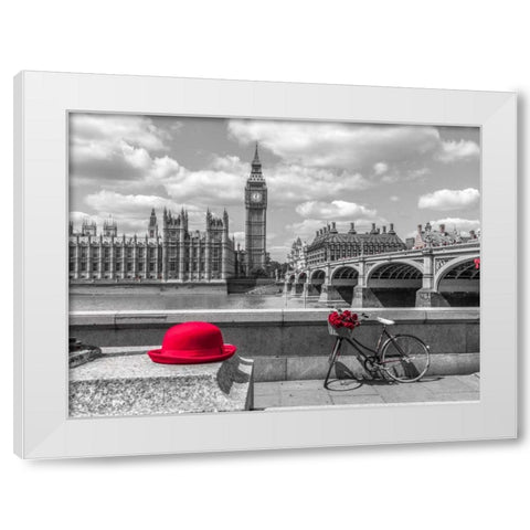 Red hat and bicycle on Thames promenade, London, UK White Modern Wood Framed Art Print by Frank, Assaf