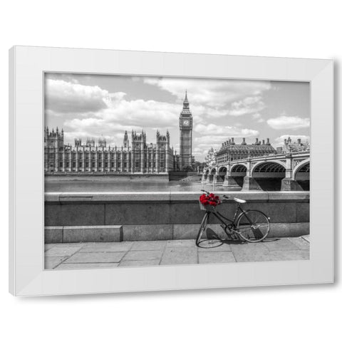Bunch of Roses on a bicycle agaisnt Westminster Abby, London, UK White Modern Wood Framed Art Print by Frank, Assaf