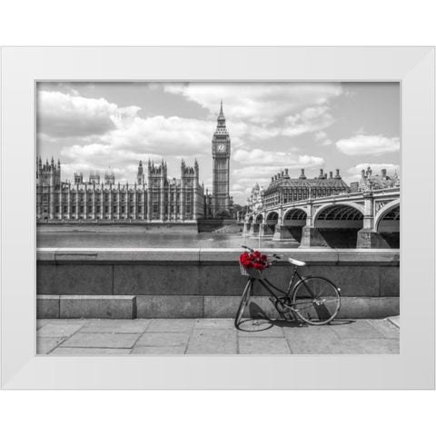 Bunch of Roses on a bicycle agaisnt Westminster Abby, London, UK White Modern Wood Framed Art Print by Frank, Assaf