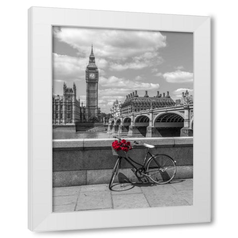 Bunch of Roses on a bicycle agaisnt Westminster Abby, London, UK White Modern Wood Framed Art Print by Frank, Assaf
