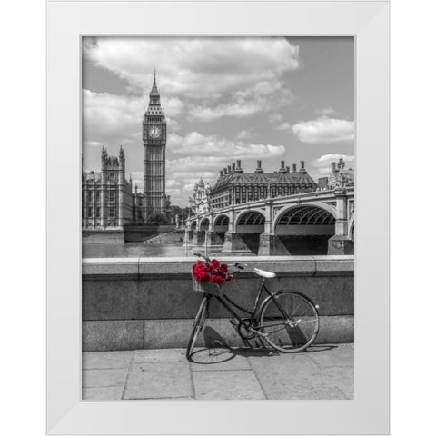 Bunch of Roses on a bicycle agaisnt Westminster Abby, London, UK White Modern Wood Framed Art Print by Frank, Assaf