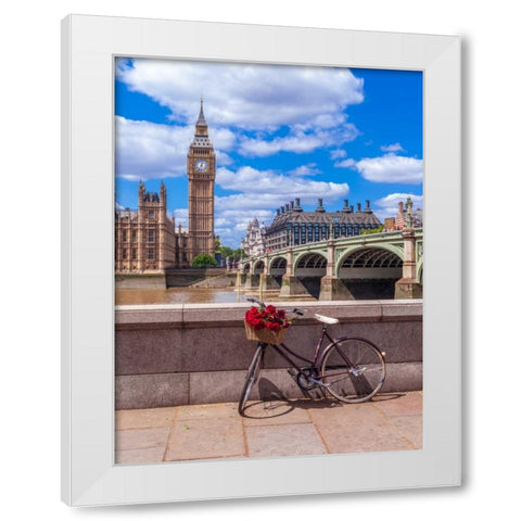 Bunch of Roses on a bicycle agaisnt Westminster Abby, London, UK White Modern Wood Framed Art Print by Frank, Assaf