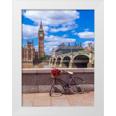Bunch of Roses on a bicycle agaisnt Westminster Abby, London, UK White Modern Wood Framed Art Print by Frank, Assaf