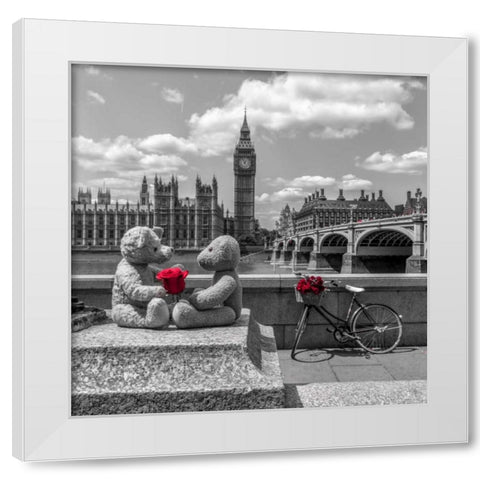 Teddy Bears with red rose agasint Westminster Abby, London, UK White Modern Wood Framed Art Print by Frank, Assaf