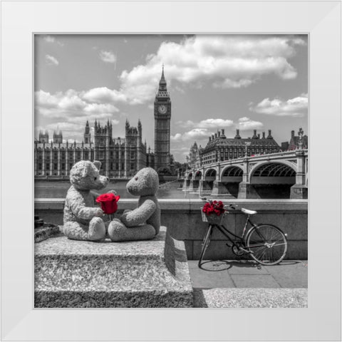 Teddy Bears with red rose agasint Westminster Abby, London, UK White Modern Wood Framed Art Print by Frank, Assaf