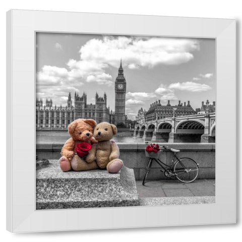 Teddy Bears with red rose agasint Westminster Abby, London, UK White Modern Wood Framed Art Print by Frank, Assaf