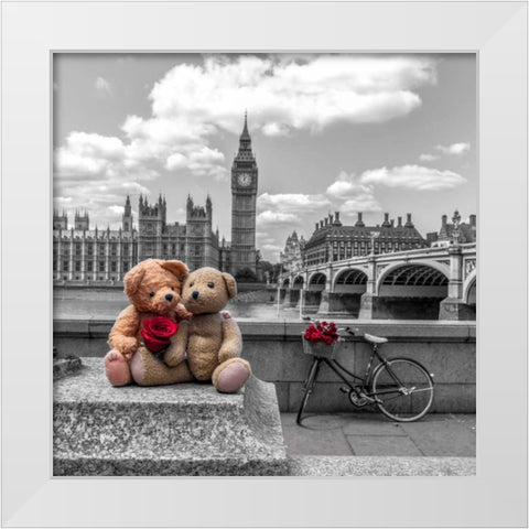Teddy Bears with red rose agasint Westminster Abby, London, UK White Modern Wood Framed Art Print by Frank, Assaf