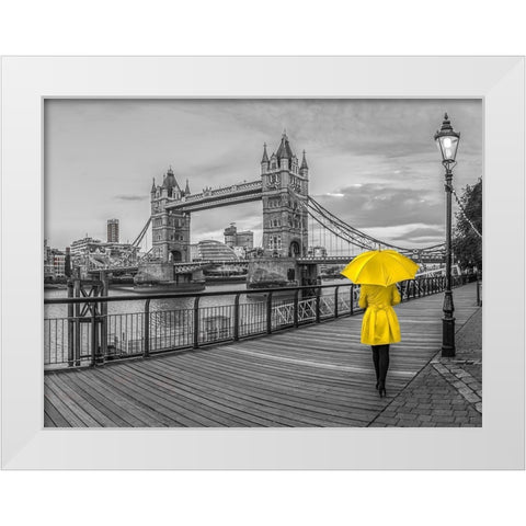 Lady in yellow, Tower bridge, London White Modern Wood Framed Art Print by Frank, Assaf