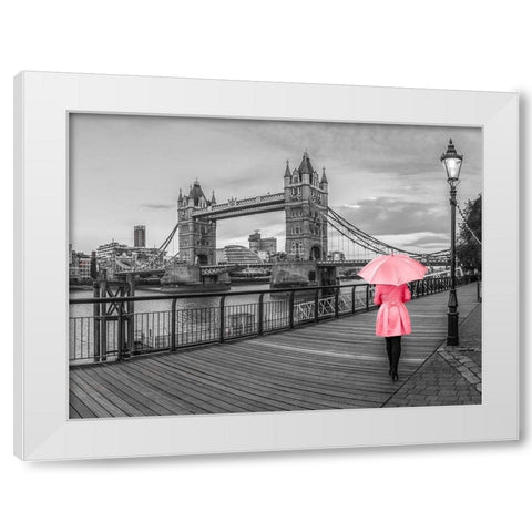 Lady in pink, Tower bridge, London White Modern Wood Framed Art Print by Frank, Assaf