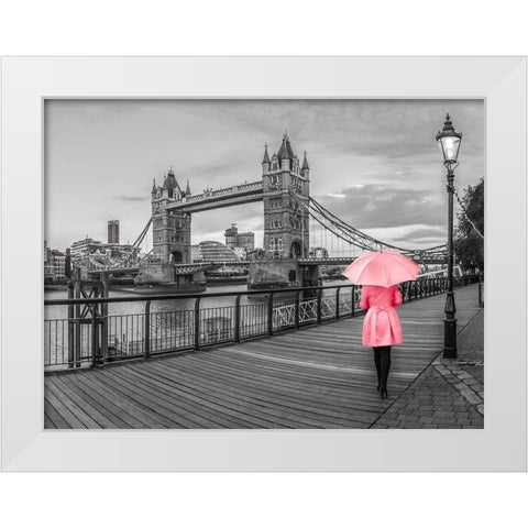 Lady in pink, Tower bridge, London White Modern Wood Framed Art Print by Frank, Assaf