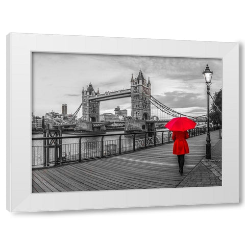 Tourist with red umbrella on promenade near Tower bridge, London, UK White Modern Wood Framed Art Print by Frank, Assaf