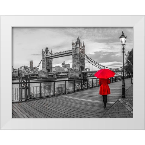 Tourist with red umbrella on promenade near Tower bridge, London, UK White Modern Wood Framed Art Print by Frank, Assaf