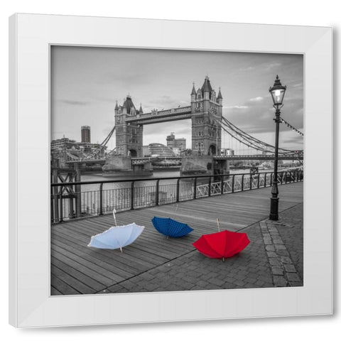Colorful umbrellas on promenade near Tower bridge, London, UK White Modern Wood Framed Art Print by Frank, Assaf