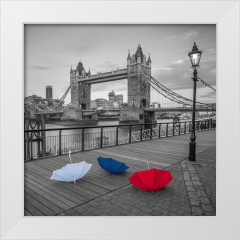 Colorful umbrellas on promenade near Tower bridge, London, UK White Modern Wood Framed Art Print by Frank, Assaf