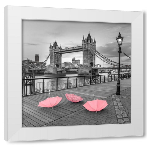 Pink umbrellas, Tower bridge, London White Modern Wood Framed Art Print by Frank, Assaf