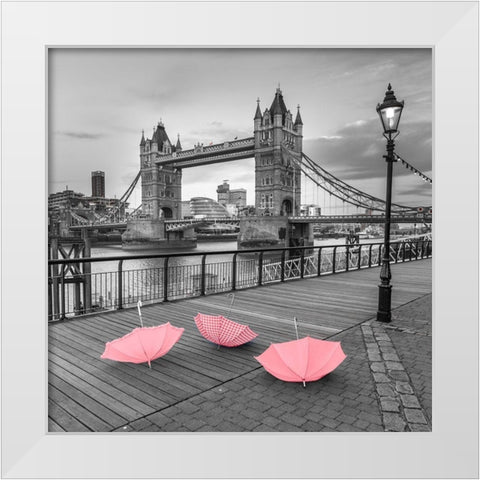 Pink umbrellas, Tower bridge, London White Modern Wood Framed Art Print by Frank, Assaf