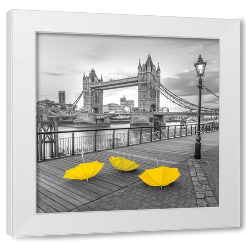 Yellow umbrellas, Tower bridge, London White Modern Wood Framed Art Print by Frank, Assaf