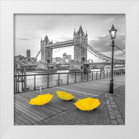 Yellow umbrellas, Tower bridge, London White Modern Wood Framed Art Print by Frank, Assaf