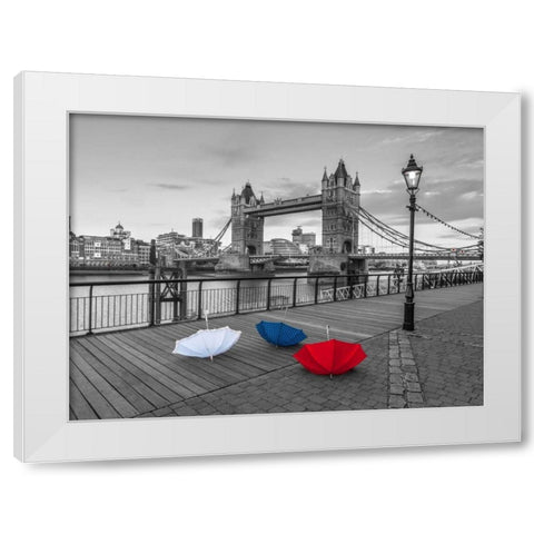 Colorful umbrellas on promenade near Tower bridge, London, UK White Modern Wood Framed Art Print by Frank, Assaf