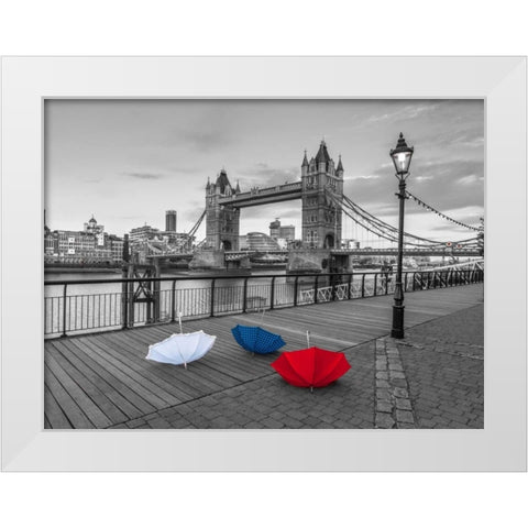 Colorful umbrellas on promenade near Tower bridge, London, UK White Modern Wood Framed Art Print by Frank, Assaf