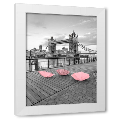 Pink umbrellas, Tower bridge, London White Modern Wood Framed Art Print by Frank, Assaf