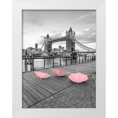 Pink umbrellas, Tower bridge, London White Modern Wood Framed Art Print by Frank, Assaf