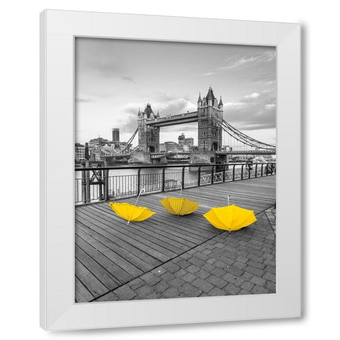 Yellow umbrellas, Tower bridge, London White Modern Wood Framed Art Print by Frank, Assaf