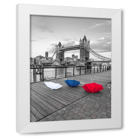 Colorful umbrellas on promenade near Tower bridge, London, UK White Modern Wood Framed Art Print by Frank, Assaf