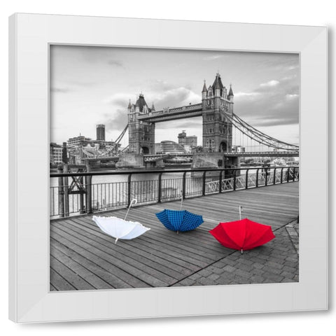 Colorful umbrellas on promenade near Tower bridge, London, UK White Modern Wood Framed Art Print by Frank, Assaf