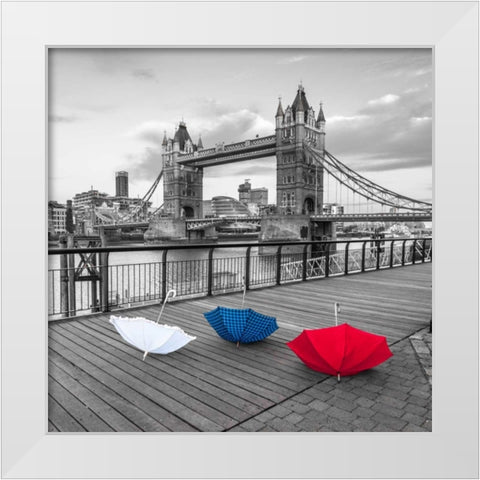 Colorful umbrellas on promenade near Tower bridge, London, UK White Modern Wood Framed Art Print by Frank, Assaf