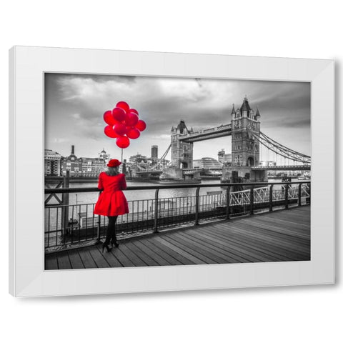 Woman with red balloons, standing on promenade near Tower Bridge, London, UK White Modern Wood Framed Art Print by Frank, Assaf
