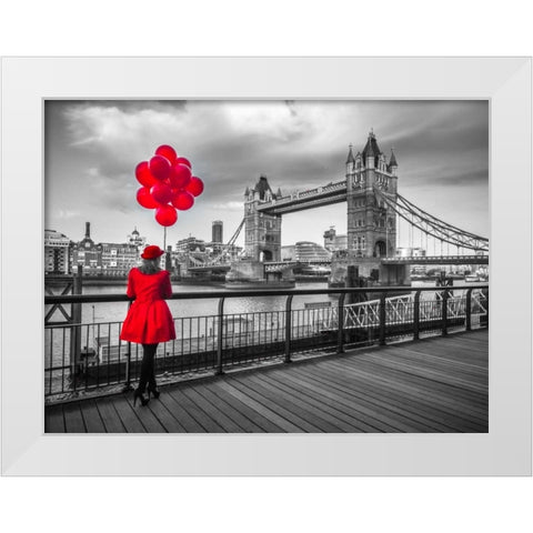 Woman with red balloons, standing on promenade near Tower Bridge, London, UK White Modern Wood Framed Art Print by Frank, Assaf