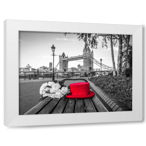 Red Hat with bunch of Roses on a bench near Tower Bridge, London, UK White Modern Wood Framed Art Print by Frank, Assaf