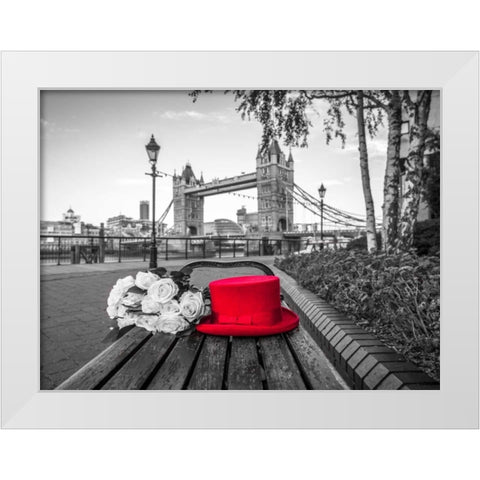 Red Hat with bunch of Roses on a bench near Tower Bridge, London, UK White Modern Wood Framed Art Print by Frank, Assaf