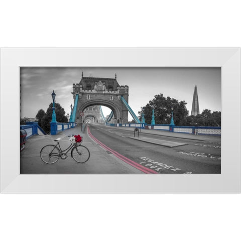 Bunch of roses on a bicycle near Tower Bridge, London, UK White Modern Wood Framed Art Print by Frank, Assaf