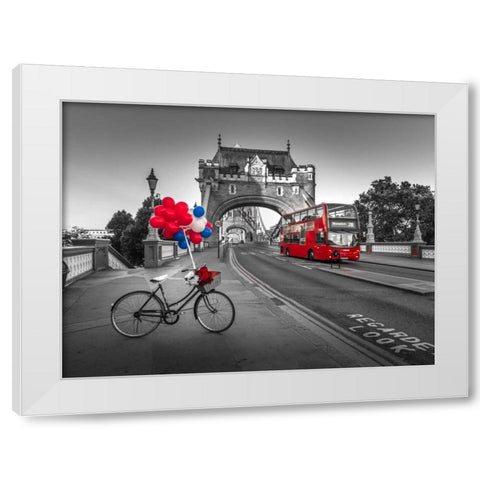 Colorful balloons and bunch of roses on a bicycle at Tower bridge, London, UK White Modern Wood Framed Art Print by Frank, Assaf