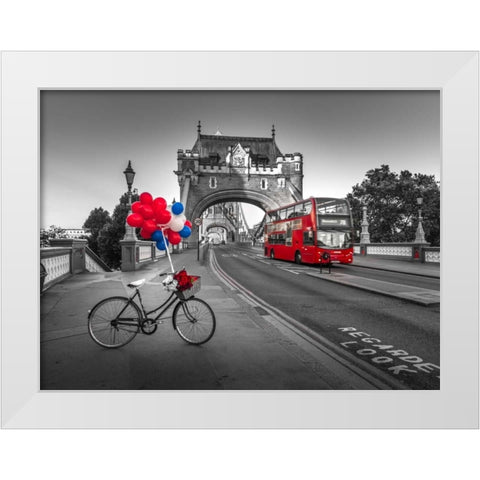 Colorful balloons and bunch of roses on a bicycle at Tower bridge, London, UK White Modern Wood Framed Art Print by Frank, Assaf