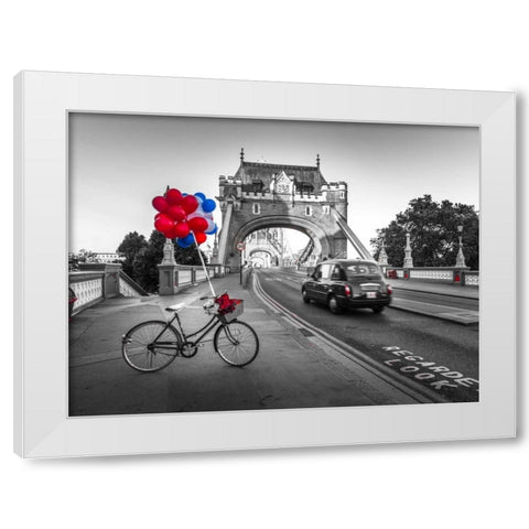 Colorful balloons and bunch of roses on a bicycle at Tower bridge, London, UK White Modern Wood Framed Art Print by Frank, Assaf