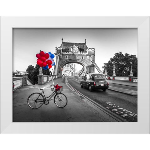 Colorful balloons and bunch of roses on a bicycle at Tower bridge, London, UK White Modern Wood Framed Art Print by Frank, Assaf