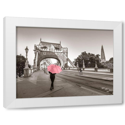 Lady with a pink umbrella, Tower bridge, London White Modern Wood Framed Art Print by Frank, Assaf