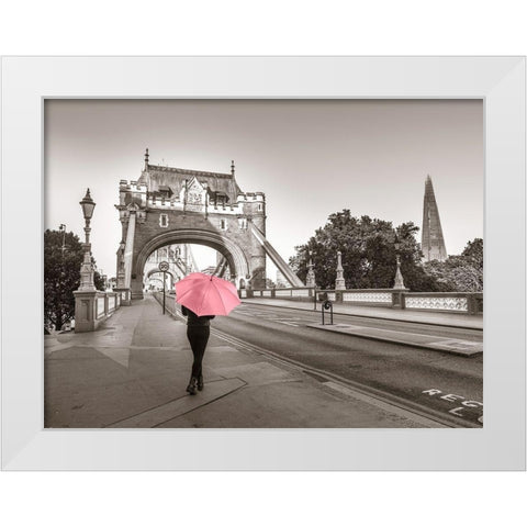 Lady with a pink umbrella, Tower bridge, London White Modern Wood Framed Art Print by Frank, Assaf